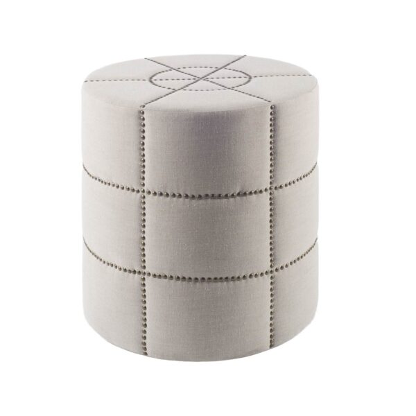 Beacon 20.5"H Cream Fabric w/ Metal Tacks Round Ottoman