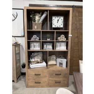 Large Bookcase with 4 drawers and 10 cubbies in Wormy Maple
