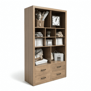 Large Bookcase with 4 drawers and 10 cubbies in Wormy Maple